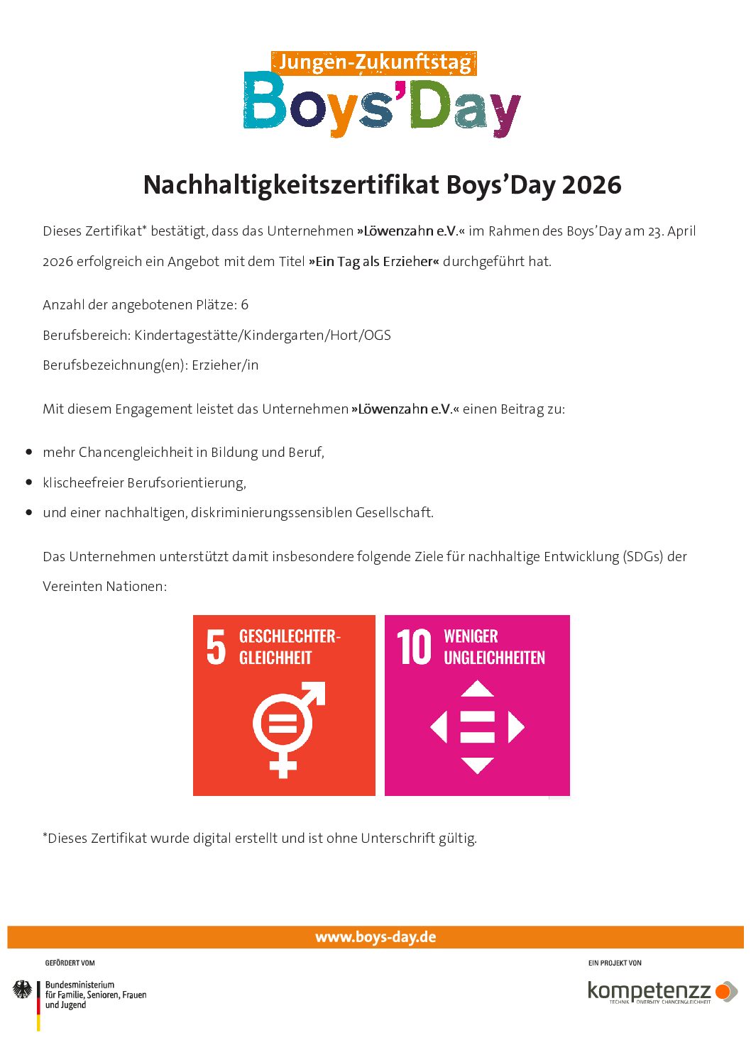 Boys Day 2026 – Auszeichnung für unser Engagement